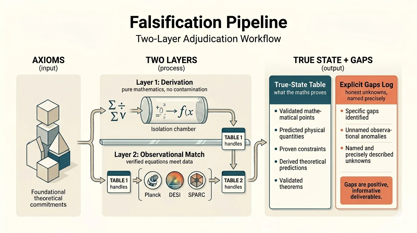 Falsification Pipeline workflow. Three columns: AXIOMS (input) — stacked cubes representing foundational theoretical commitments. TWO LAYERS (process) — Layer 1 Derivation in an isolation chamber doing pure mathematics with no contamination, producing Table 1 handles; Layer 2 Observational Match where verified equations meet data from Planck, DESI and SPARC, producing Table 2 handles. TRUE STATE + GAPS (output) — a True-State Table listing validated mathematical points, predicted physical quantities, proven constraints, derived theoretical predictions and validated theorems, alongside an Explicit Gaps Log of specific gaps identified, unnamed observational anomalies and precisely described unknowns. A highlighted note reads: gaps are positive, informative deliverables.